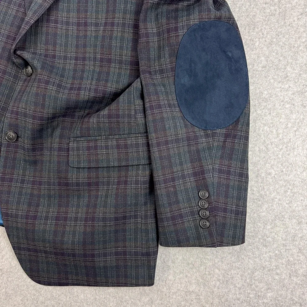Perry Ellis Portfolio Blazer Mens 44R Gray Plaid Cotton Elbow Patch Sport Coat‎